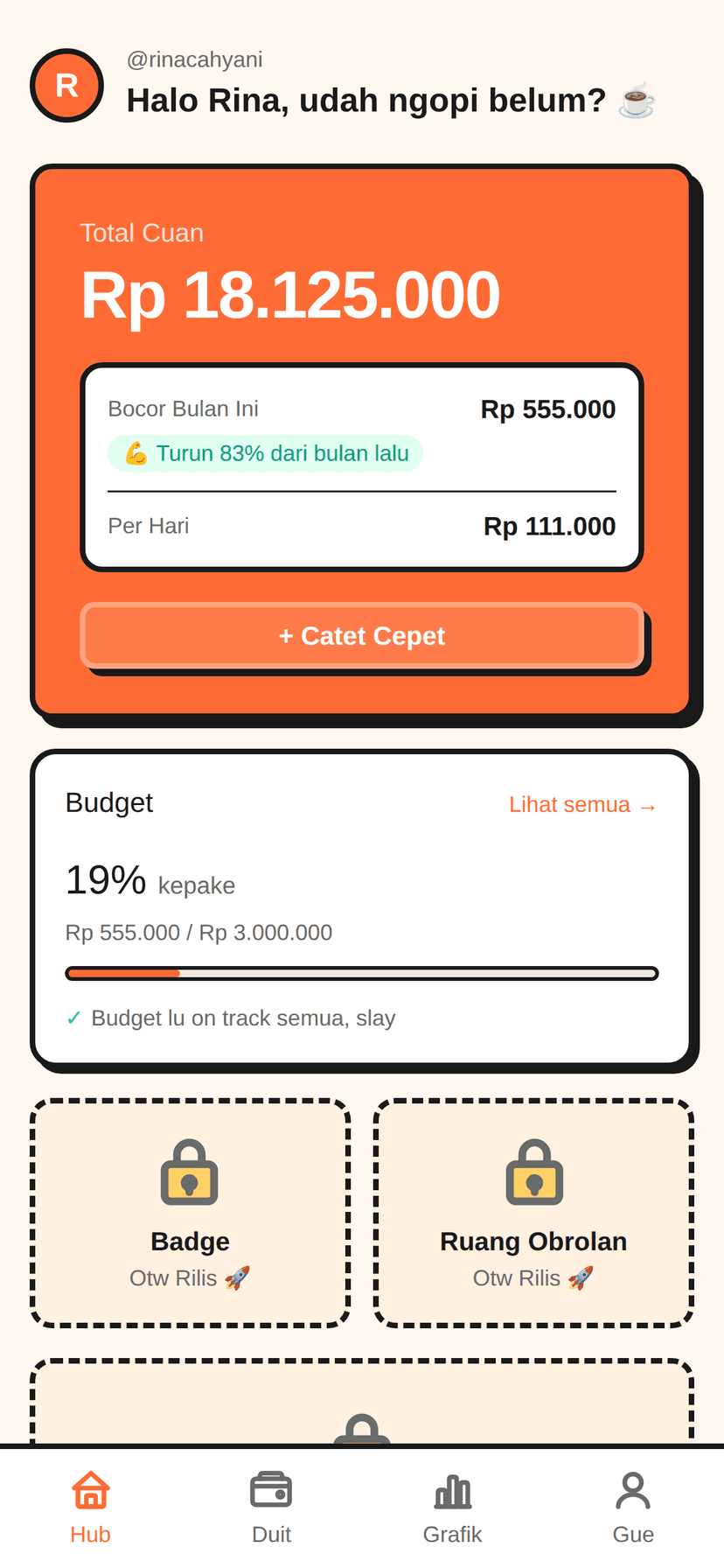 CatatKeu app screenshot showing the Hub dashboard
